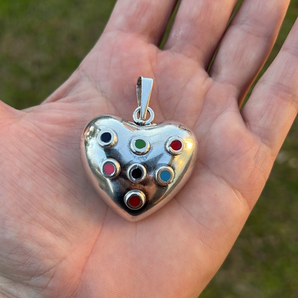 Vintage Sterling Silver MEXICO Gemstone? Heart Jingle Bell Pendant